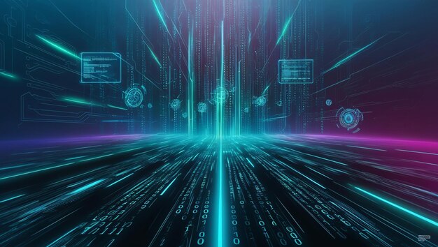 बाइनरी कोड और एआई एल्गोरिदम के साथ एक सार डिजिटल पृष्ठभूमि पृष्ठभूमि में चल रही है