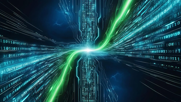 一個抽象的數碼背景,有二進制代碼和在背景中運行的人工智能算法