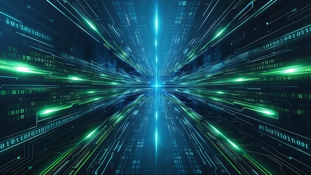 바이너리 코드와 AI 알고리즘이 백그라운드에서 실행되는 추상 디지털 배경