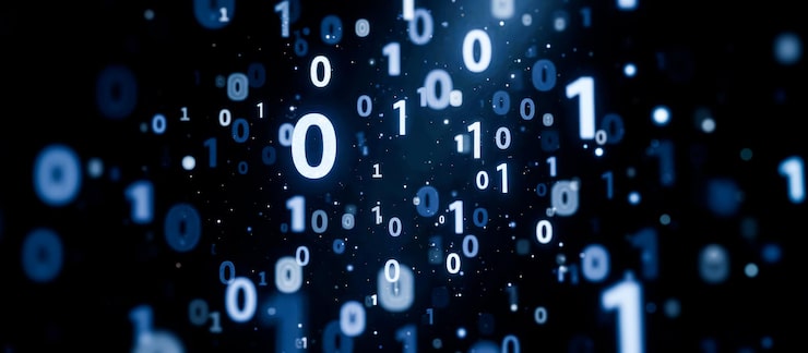 Photo abstract digital background with binary numbers ones and zeros floating in blue on dark background data processing coding information technology digital data