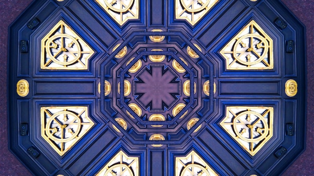 抽象的なデジタル ブルー ゴールデン マンダラ万華鏡の背景