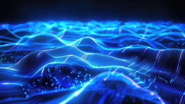 Абстрактная цифровая синяя волна с светящимися частицами