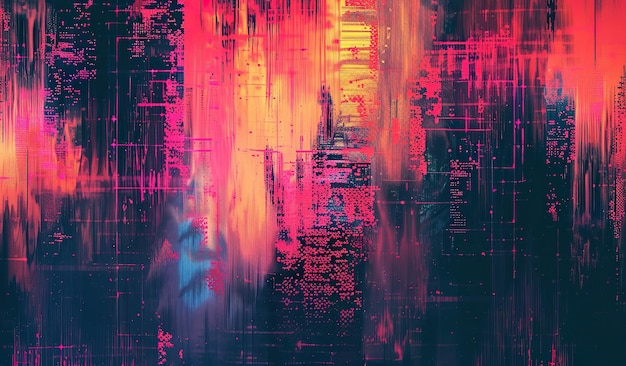 Abstract digital cityscape with colorful glitch effects