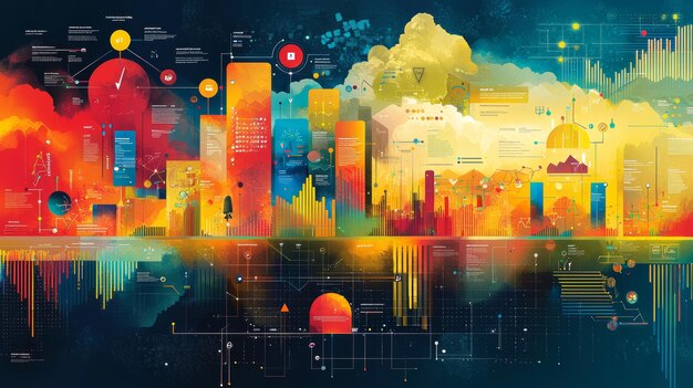 abstract digital cityscape with data visualization and network connections