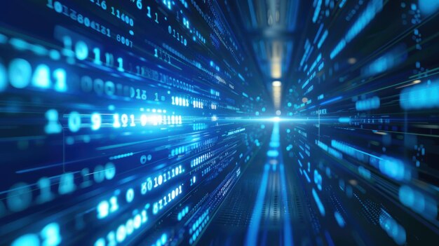 抽象的數碼數據流與藍色發光的二進制代碼技術和網絡和計算機的大數據概念