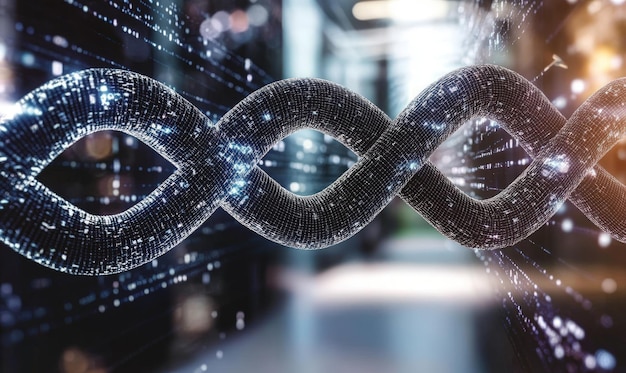 abstract digital dna helix with blurred background representing data connection network and data flow with binary code and light streaks