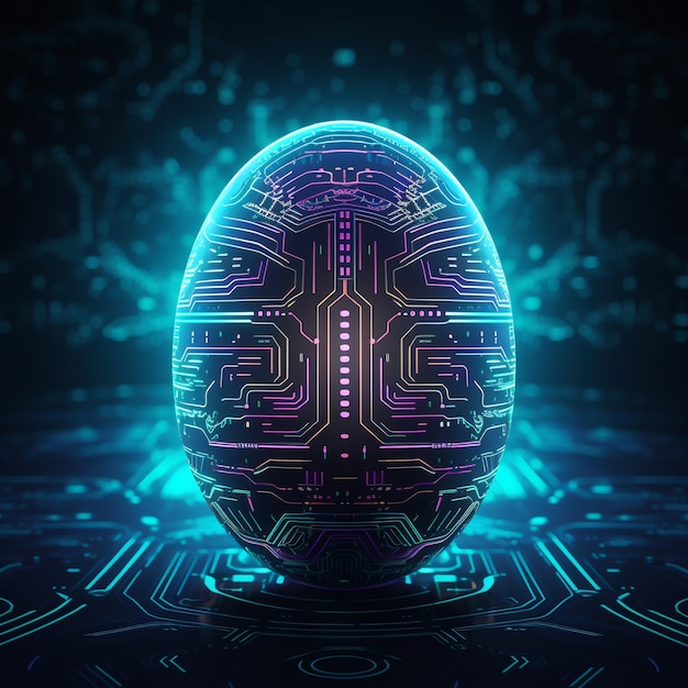 Abstract digital egg with circuit board on blue background 3D Rendering