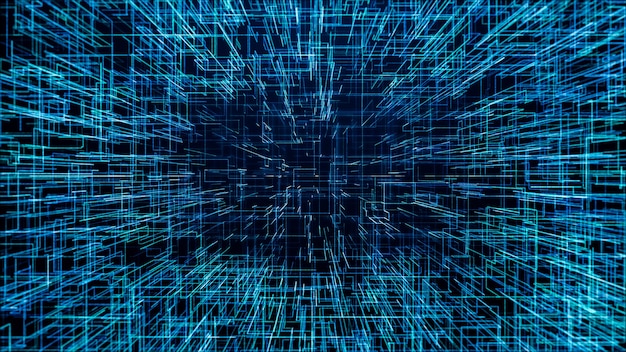 추상 디지털 미래 매트릭스 입자 흐름 배경, 파란색 빛나는 네온 빅 데이터 라인 사이버 공간 기술 개념을 통해 비행