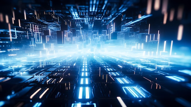abstract digital high tech city design for banner background cityscape with space and neon light
