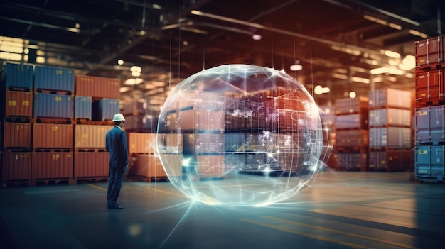 an abstract digital hologram of logistics delivery and transportation include a globe and a network set against a blurry background of a warehouse double exposure for a captivating effect