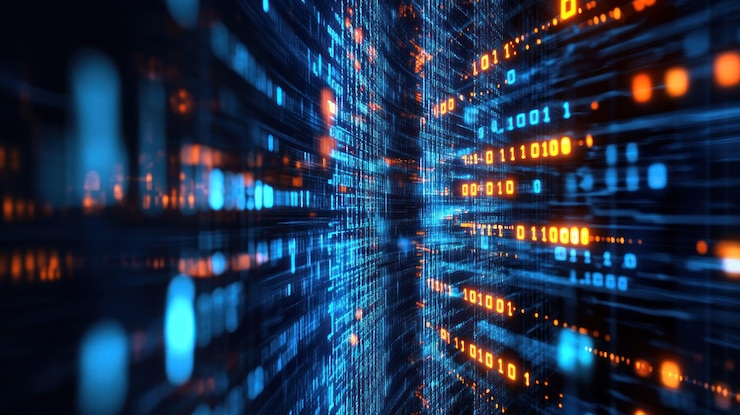 Photo abstract digital landscape with flowing binary code representing data and technology