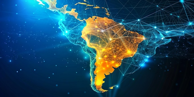 Abstract digital map of South America concept of global network and connectivity world