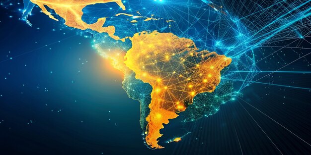 Photo abstract digital map of south america concept of global network and connectivity world