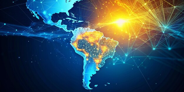 Abstract digital map of South America concept of global network and connectivity world