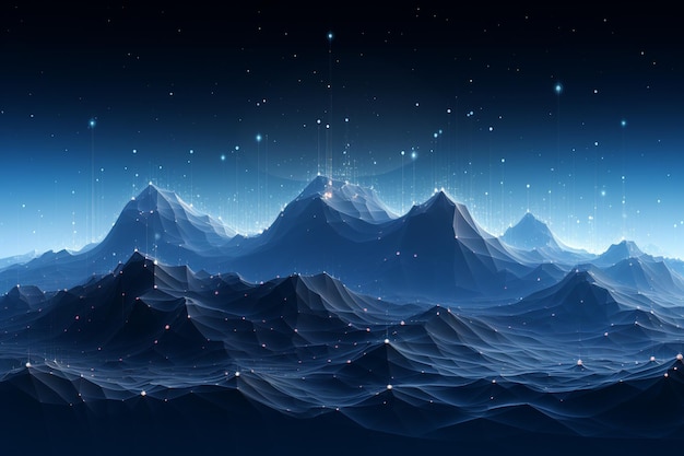 Abstract digital mountains range landscape with glowing light dots Futuristic low poly wireframe vector illustration on technology blue background generative ai