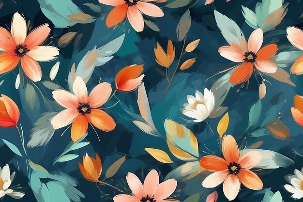 Photo abstract digital oil painting geometric flowers leaves brush strokes seamless pattern blurred background