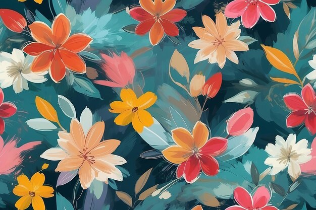 Abstract Digital Oil Painting Geometric Flowers Leaves Brush Strokes Seamless Pattern Blurred Background