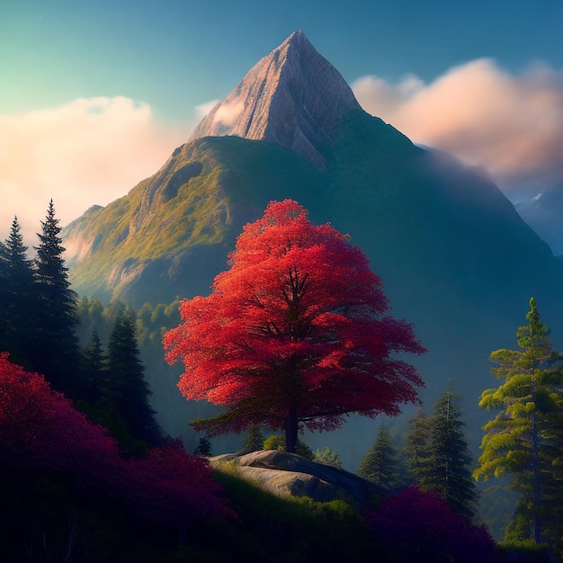 An abstract digital painting of a snowcapped mountain with a rainbowhued tree in the foreground s