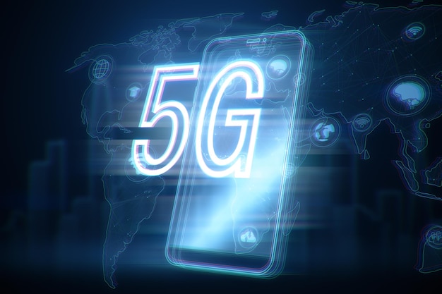 Abstract digital phone with 5G and map hologram polygonal connections on blurry blue background Internet speed and communication concept 3D Rendering