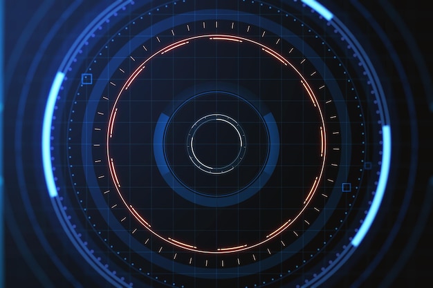 青の背景に抽象的なデジタル ラウンド インターフェイス革新と技術の概念 3 d レンダリング