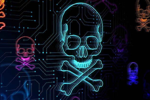 Abstract digital skull hologram on blurry backdrop Hacking malware and crime concept 3D Rendering