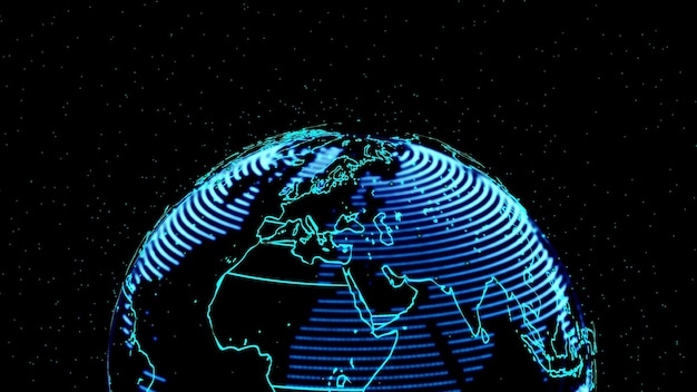 Abstract digital technology world map with abstract starry sky on black background