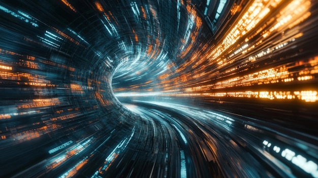 Abstract Digital Tunnel with Glowing Lines and Binary Code