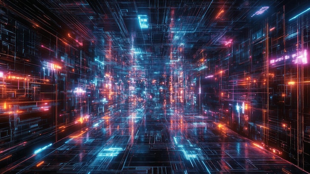 Abstract digital tunnel with glowing lines and data streams