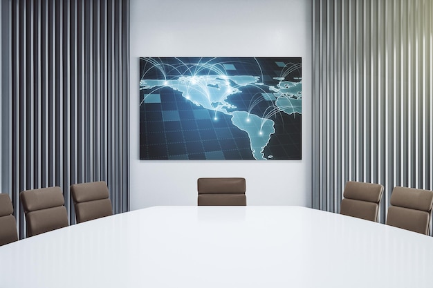 Photo abstract digital world map with connections on presentation monitor in a modern boardroom big data and blockchain concept 3d rendering