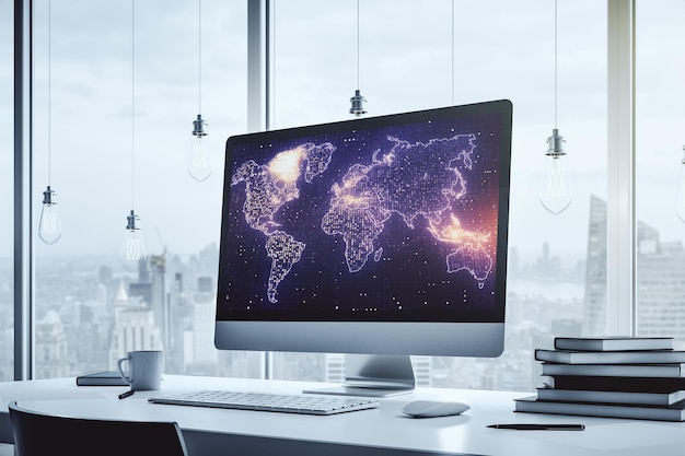 Abstract digitale wereldkaart op moderne computermonitor big data en blockchain concept 3D Rendering