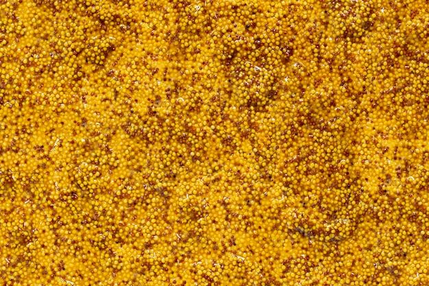 Abstract Dijon mustard background with dark and light mustard seeds Mustard seasoning texture