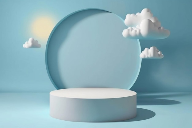 Abstract display podium with cartoon cloud floating on baby blue background Generative AI