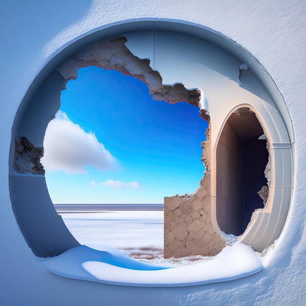 Abstract distressed cracked crumbling wall with hole into a winter landscape