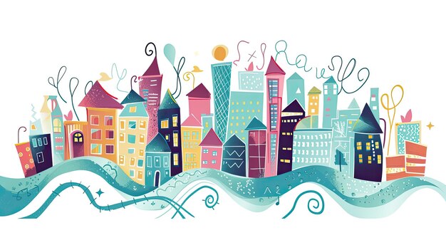 Foto abstract doodle cityscape icon giocoso vibrante artistico urbano immaginativo fantasia skyline architettura schizzo creativo doodling vita cittadina generato da ai