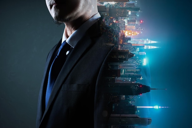 Abstract double exposure image of businessman mix with flip night creative city background . Always stay connected concept .