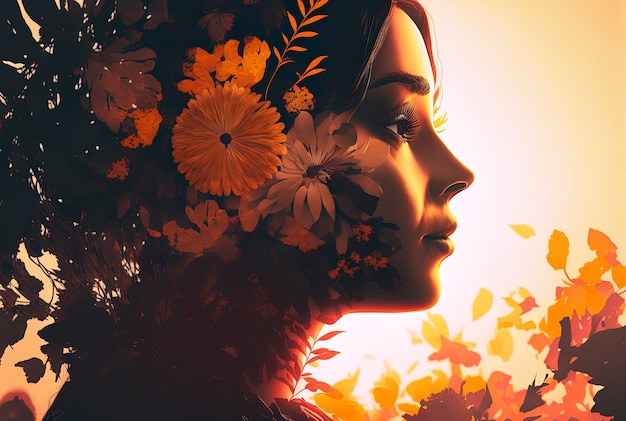 Abstract double exposure portrait of beautiful young woman face with flowers