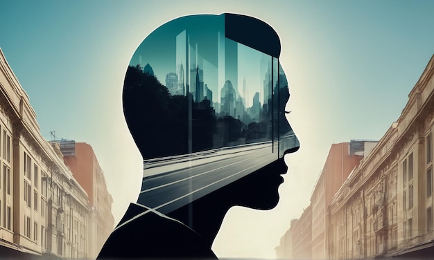 Photo abstract double exposure portrait blended with architecture light head mind concept