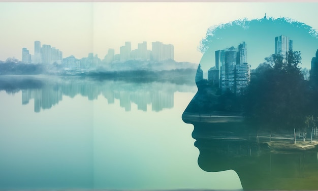 abstract double exposure portrait blended with architecture light head mind concept