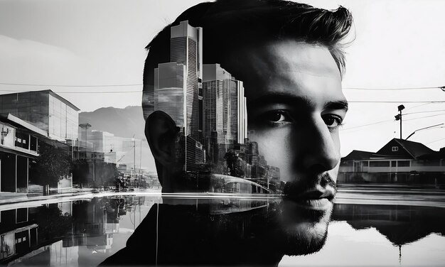 abstract double exposure portrait blended with architecture light head mind concept