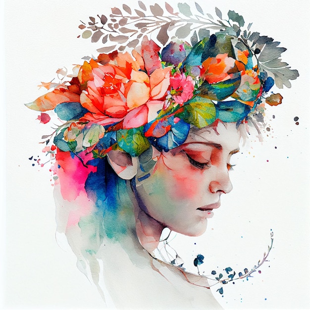 Abstract double exposure watercolor flower crown Digital illustration