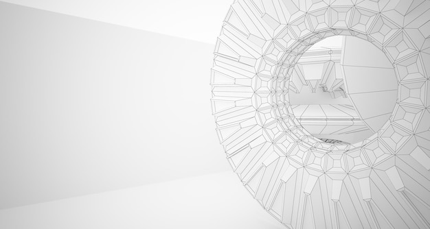 Abstract drawing architectural background White interior with discs and neon lighting 3D