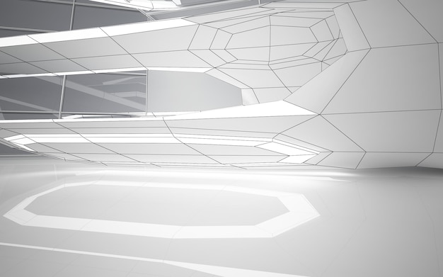 Абстрактный рисунок архитектурного фона. Белый салон с дисками и неоновой подсветкой. 3D