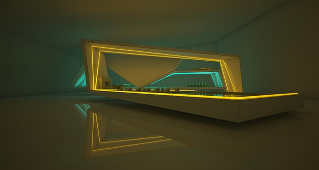 Abstract drawing architectural white interior of a modern villa on the sea with colored neon lightin