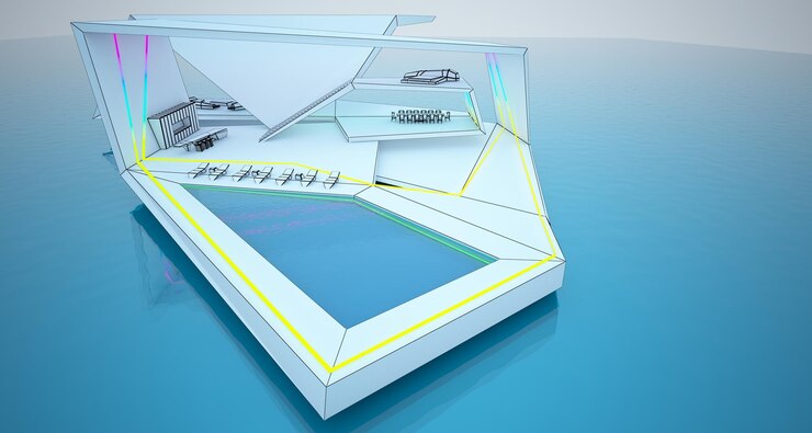 Photo abstract drawing architectural white interior of a modern villa on the sea with colored neon lightin