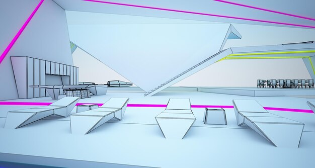 Abstract drawing architectural white interior of a modern villa on the sea with colored neon lightin