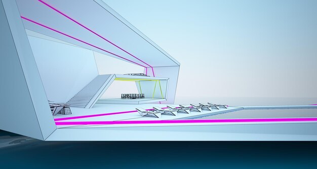 Abstract drawing architectural white interior of a modern villa on the sea with colored neon lightin