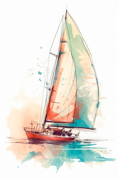 Photo abstract drawing of sailboat in the sea in color on white background