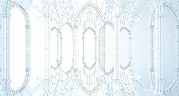 Photo abstract drawing white gothic interior multilevel public space with window 3d illustration