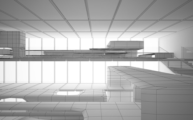 Foto disegno astratto spazio pubblico multilivello interno bianco con finestra. illustrazione e rendering 3d.