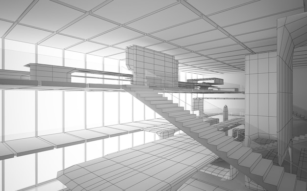 Foto disegno astratto spazio pubblico multilivello interno bianco con finestra. illustrazione e rendering 3d.